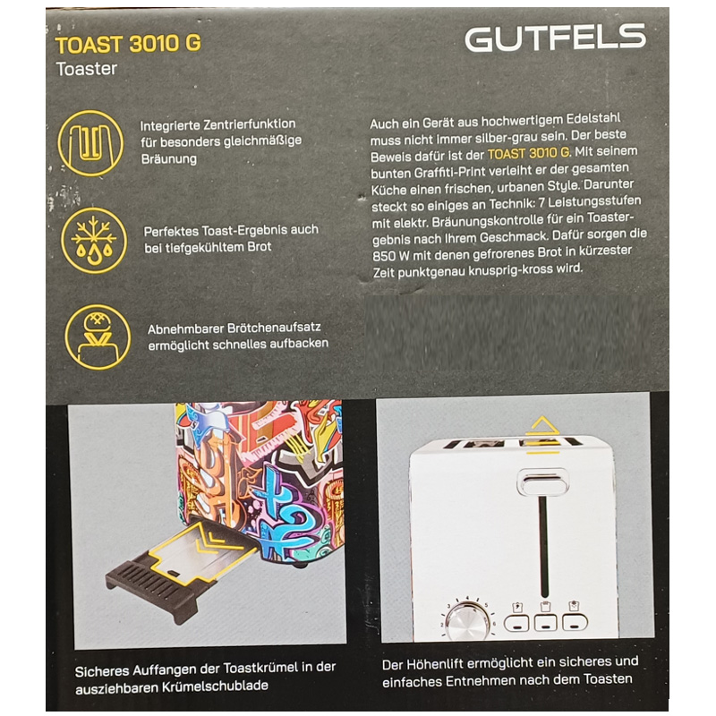 GUTFELS TOAST 3010 G 2-Schlitz Toaster im Graffiti Look und Brötchenaufsatz 